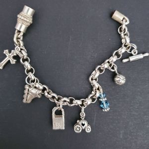 Sterling silver 925 charm bracelet cross, roller skate, Cinderella carriage, 🏀
